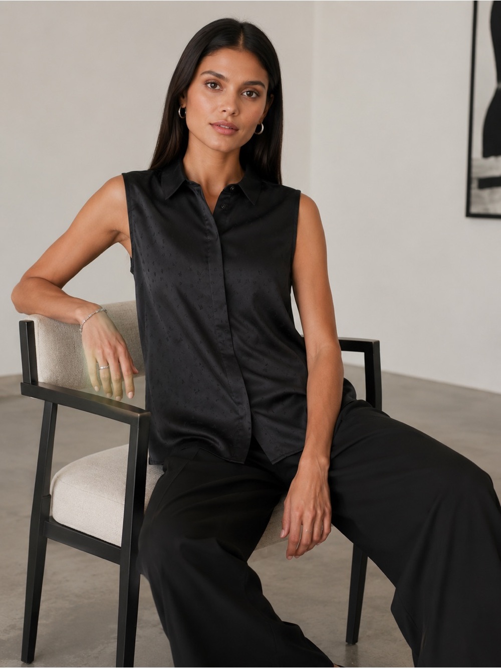 Karl Lagerfeld Paris Jacquard Logo Sleeveless Blouse – Black